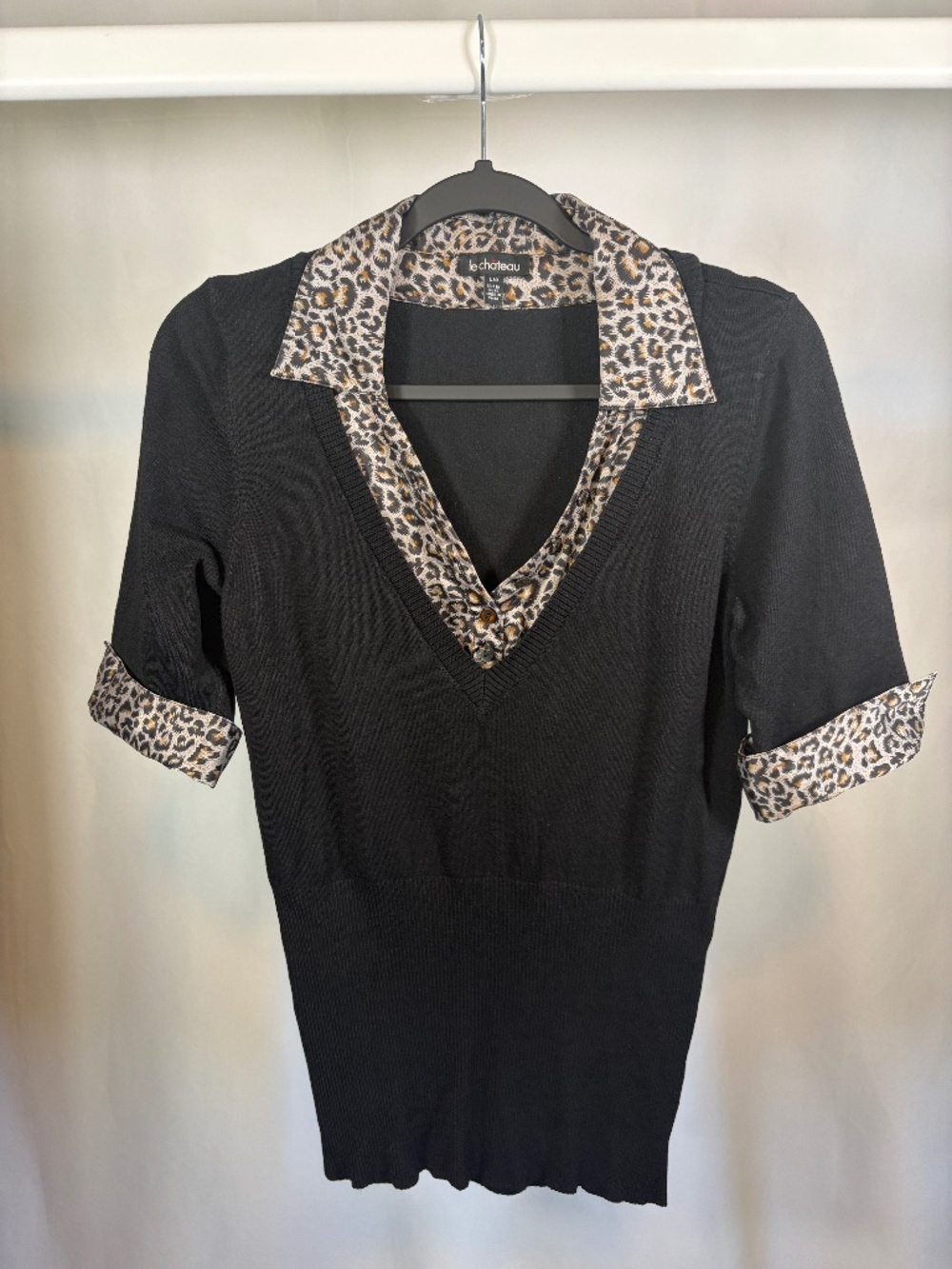 Le Château Black Faux Layered Leopard Print Sweater Top | Size Large